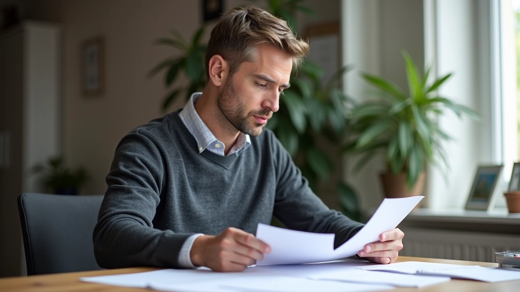 Man aged 46 in smart casual clothing reviewing documents and notebook at wooden table, professional home office setup with plants