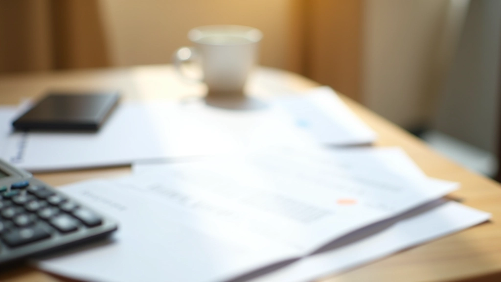 Retirement planning materials spread on desk including pension statements and planning notes, calculator and pen nearby, organized workspace, afternoon light
