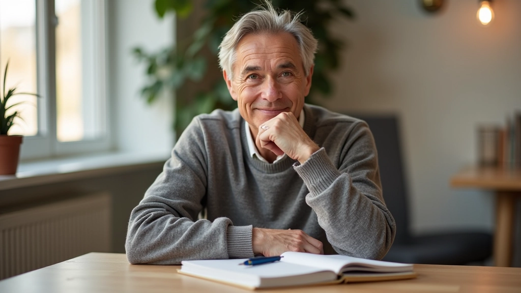 Person sitting thoughtfully at a wooden desk with notebook and pen, morning light from window, modern home office setting