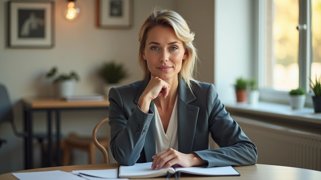 Woman in her late forties, professional setting, warm office lighting
