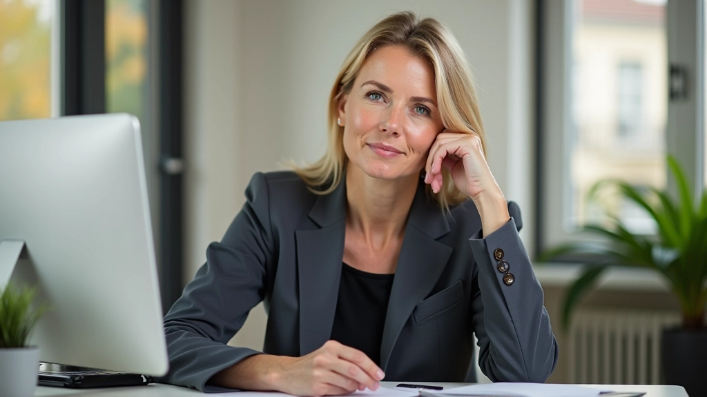 Professional woman in her late forties at desk with notepad and coffee, thoughtful expression, modern office environment with natural light