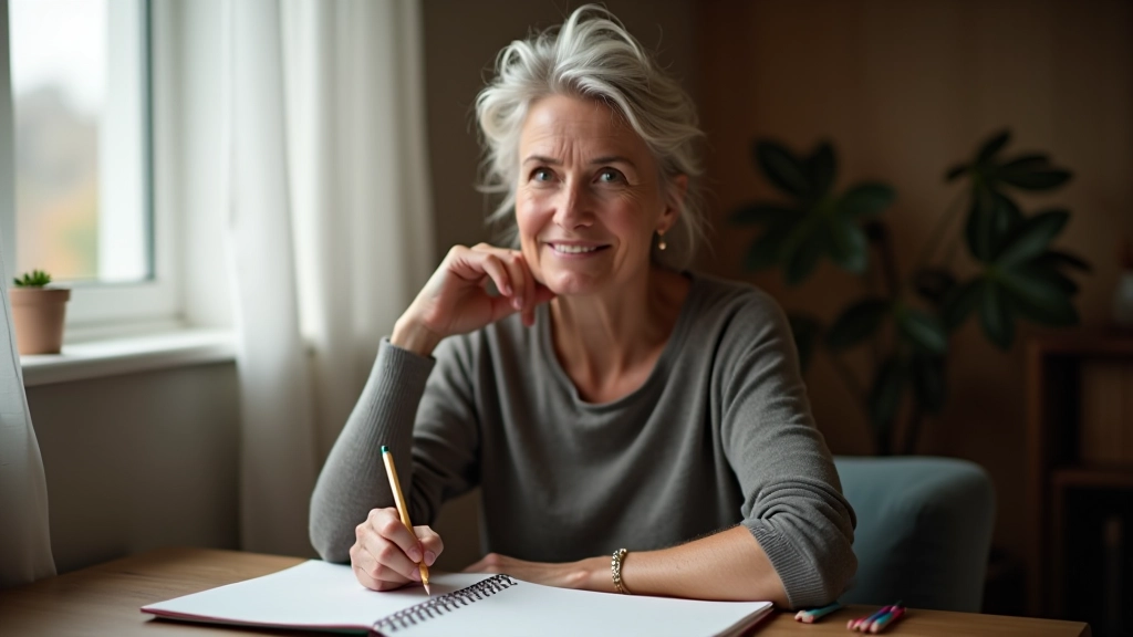 Woman aged 50 in casual setting with sketchbook and art supplies, creative workspace, warm natural lighting, focused expression