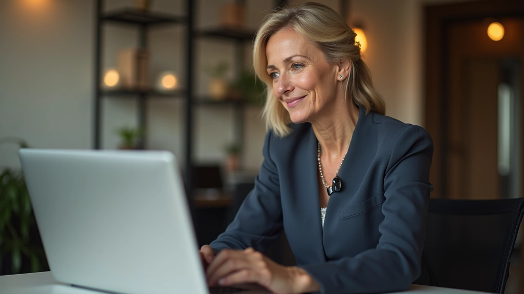 Woman aged 50 working at modern desk with laptop and notebook, professional setting with warm lighting and focused expression