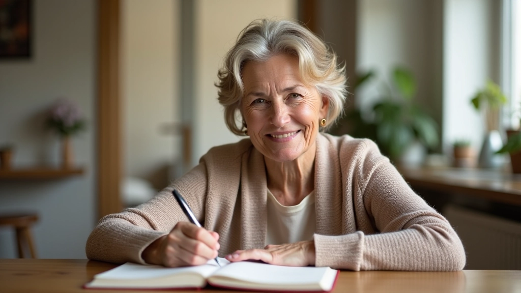 Woman in her fifties journaling at a table with glasses, pen in hand, natural morning light, peaceful desk setting