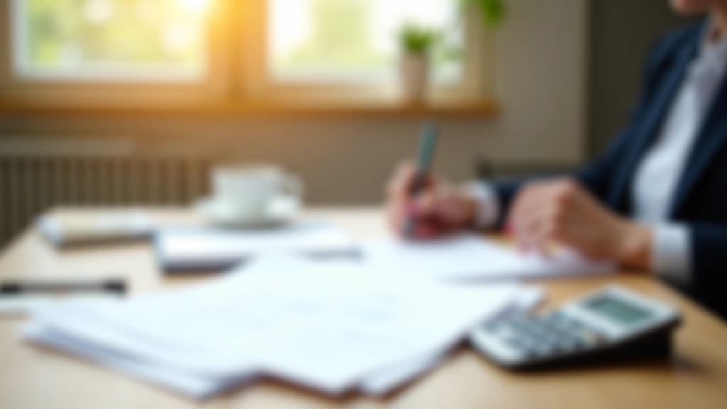 Professional setting with documents and financial planning materials on a wooden desk, morning light, organized workspace